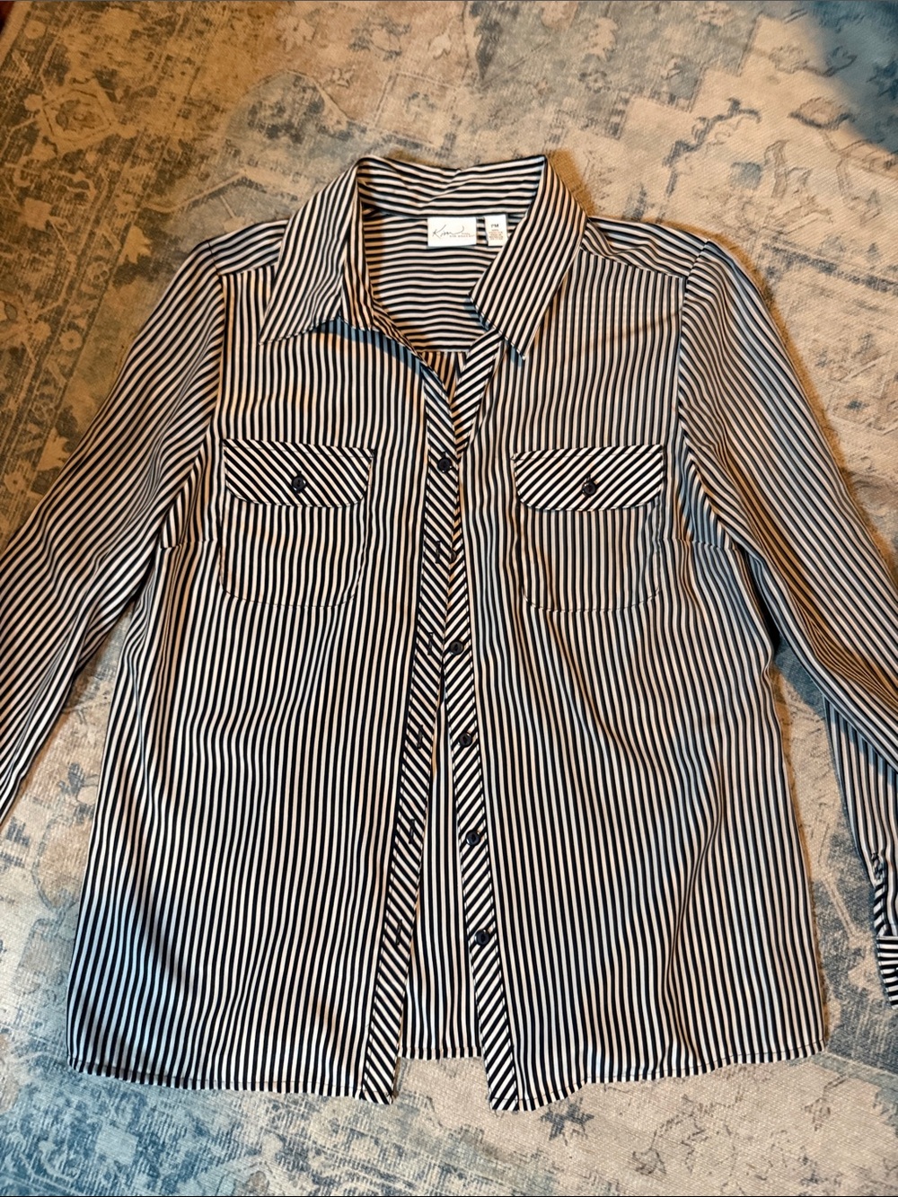 Kim Rogers Black and White Vertical Stripe Button-Down Shirt
